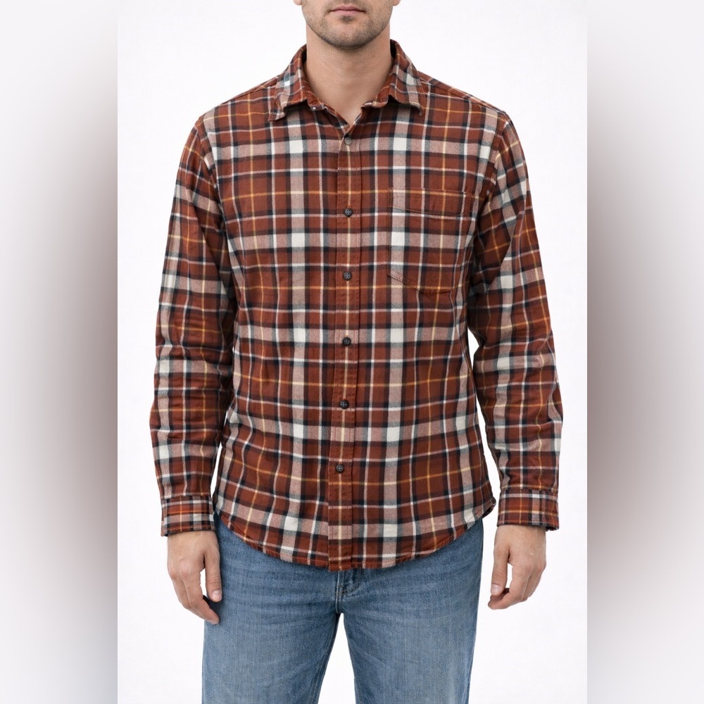 L.L. Bean Slightly Fitted Flannel Brown & White Button Down Cotton Shirt Medium